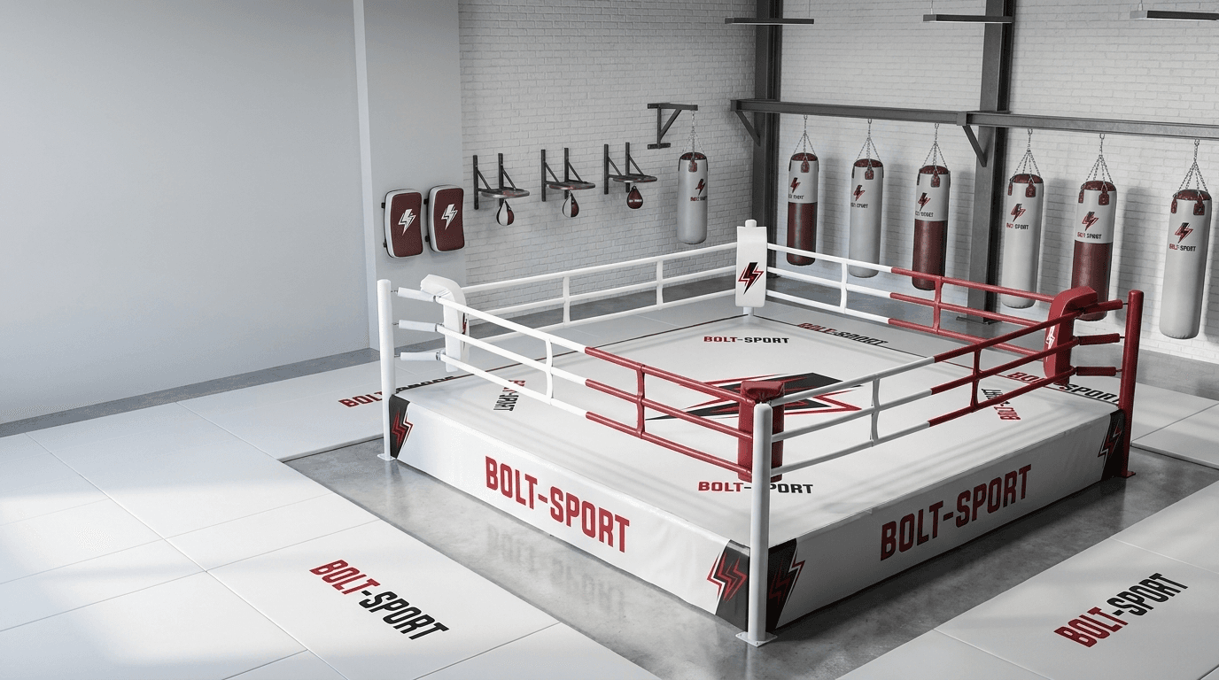 Sala treningowa MMA z ringiem i workami bokserskimi