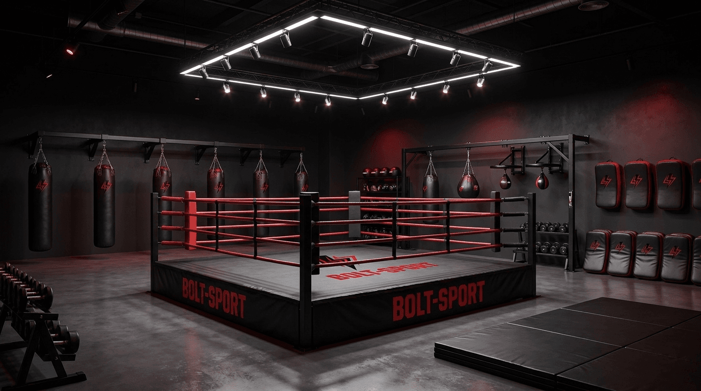 Sala treningowa MMA z ringiem i workami bokserskimi